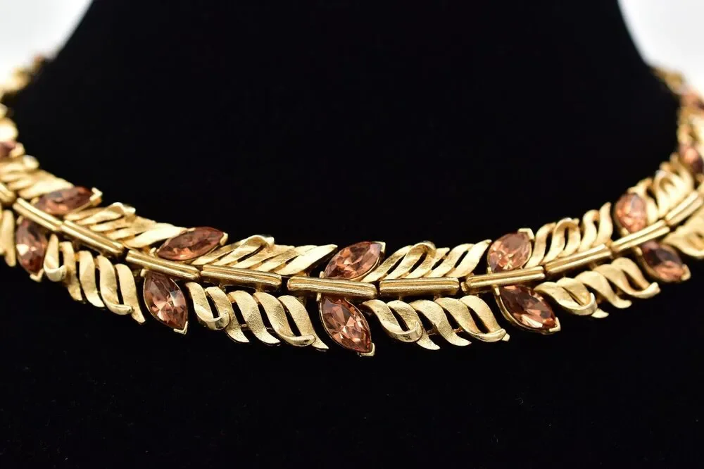 Lisner Vintage Choker Collar Necklace Crystal Brushed Gold Chunky Signed BinBJ